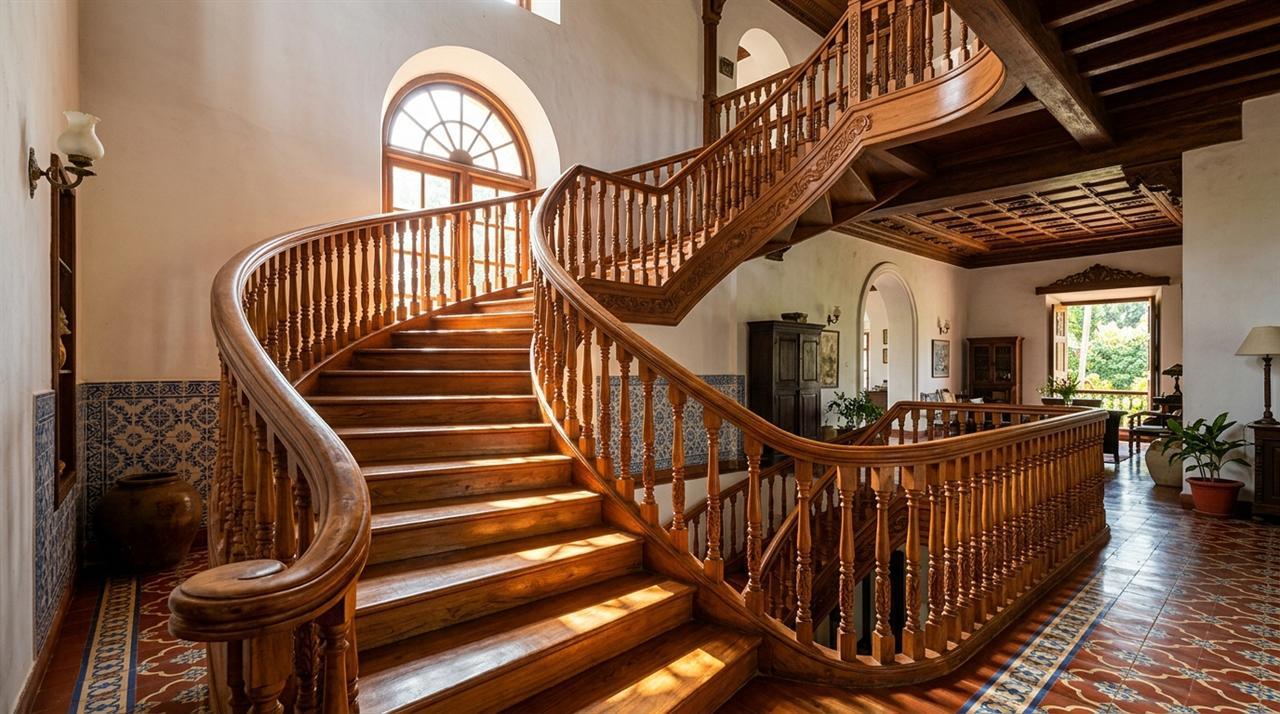 Handcrafted Wooden Staircase Railing Designs for Luxury Goa Villas